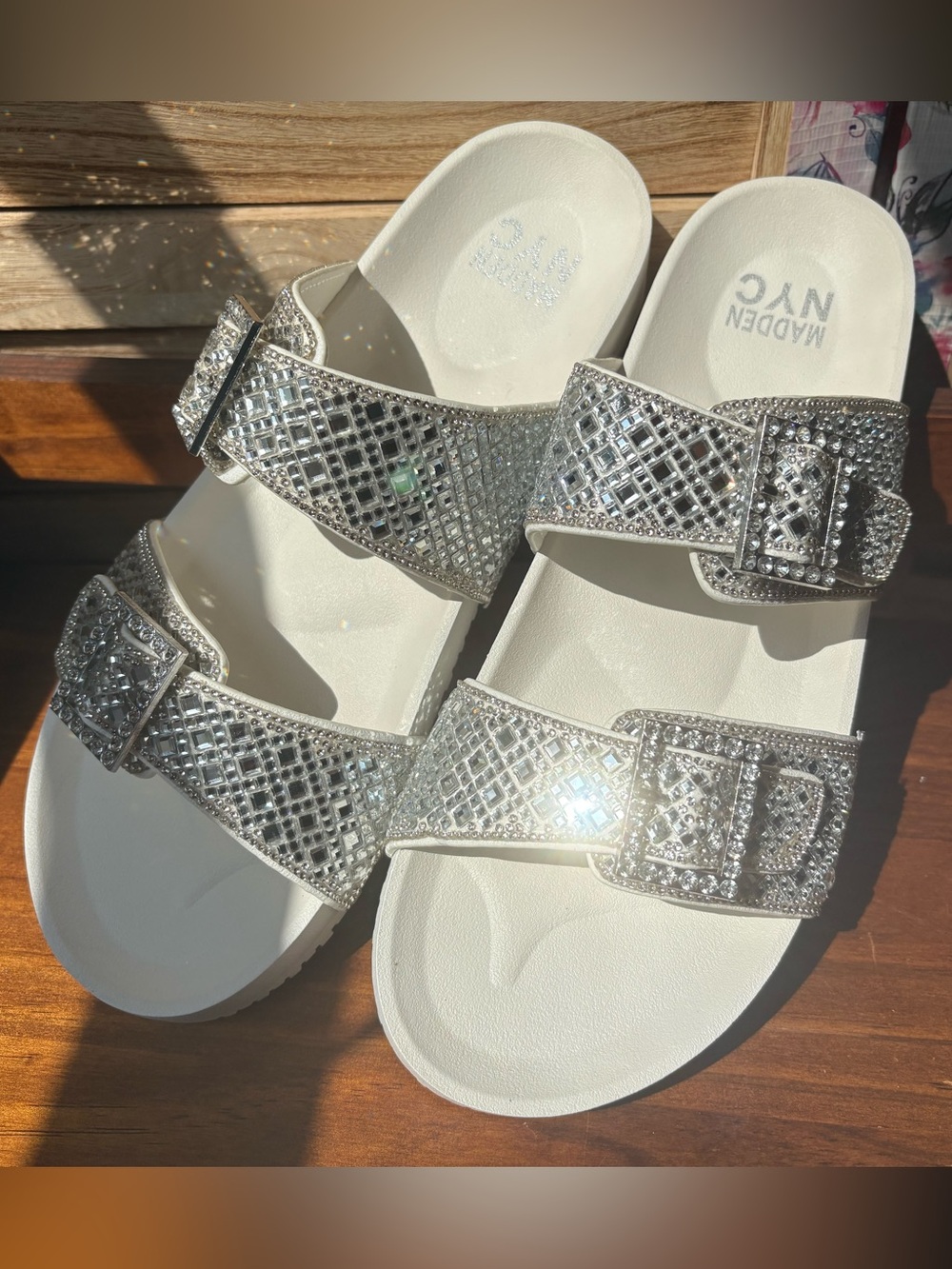 Madden NYC Shiny White Bling Embellished Shiny Sandals Size 11